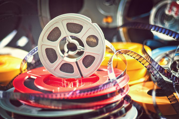  old 8mm reels films , selective focus, vintage atmosphere cinema concept.