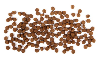 Dry dog food isolated on white background, top view
