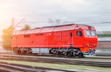 Modern diesel locomotive train railway in motion speed, shunting work