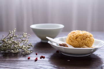 On the desktop, tableware and food