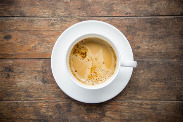 coffee time , instant coffee white cup on wood table , coffee break style on old wood and copy space