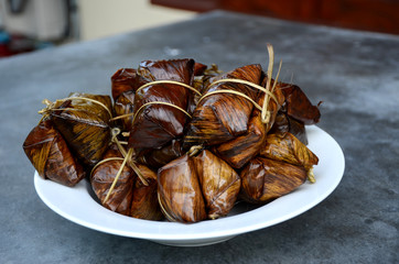 Thai sticky rice in Banana leaf, sweet, cook