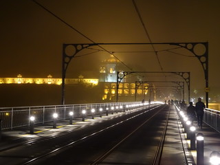 Porto, bridge, night, fog,