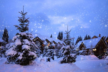 A fairy-tale house in the woods amid the snow-covered fir trees, Christmas landscape. Winter nature.