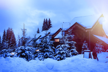 Obraz na płótnie Canvas A fairy-tale house in the woods amid the snow-covered fir trees, Christmas landscape. Winter nature.