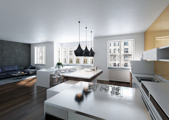 Modern design kitchen interior with golden wall