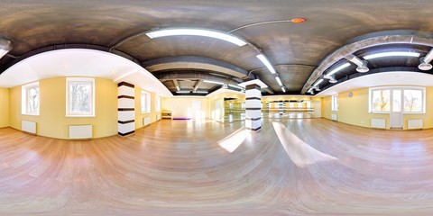 Light full sunny modern fitness gym full 360 degree panorama in equirectangular spherical projection