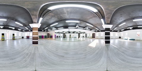 Full 360 degree panorama in equirectangular spherical projection of modern stylish fitness gym...