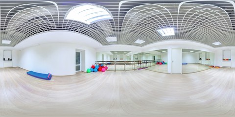 Interior of empty fitness gym multi colored fitness balls full 360 degree panorama in equirectangular spherical projection - obrazy, fototapety, plakaty
