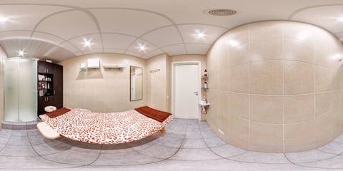 Interior of a massage room spa with empty table bed full 360 degree panorama in equirectangular spherical projection