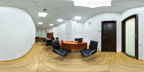 Sale department interior empty office with arm chairs tables laptops full 360 degree panorama in...