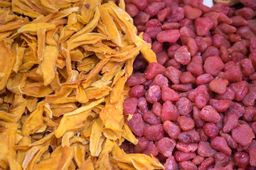 Dried garden strawberries and mango sold at Carmel Market, popular marketplace in Tel-Aviv. Israel