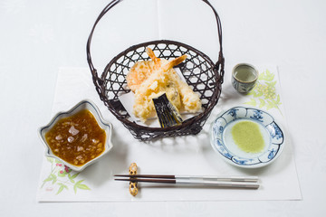 Japanese food. Delicious tempura (Shrim, Sea Bass, Eggplant, Sweet Patoto)