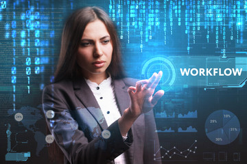 The concept of business, technology, the Internet and the network. A young entrepreneur working on a virtual screen of the future and sees the inscription: Workflow