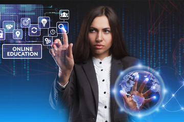 The concept of business, technology, the Internet and the network. A young entrepreneur working on a virtual screen of the future and sees the inscription: Online education
