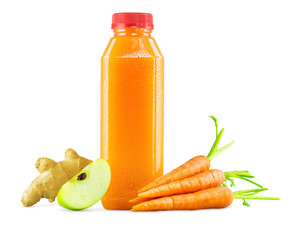 Freshly Squeezed Carrot Apple Ginger Juice in Bottle with Fruit and Vegetable Garnish on White Background