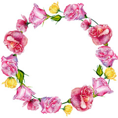 Wildflower roses flower wreath in a watercolor style. Full name of the plant: roses. Aquarelle wild flower for background, texture, wrapper pattern, frame or border.