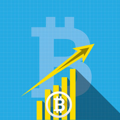 vector bitcoin growth graph on blue background.