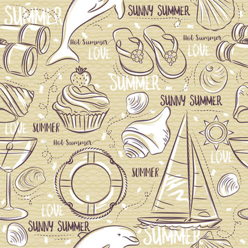 Seamless Patterns with  summer symbols, boat, shels,  dolphin, cocktail, binoculars, flip-flops on a beige  grunge background, vector illustration.