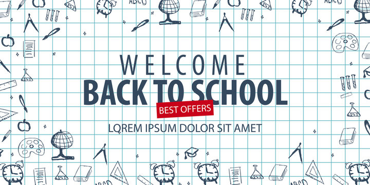 Welcome Back to School banner with different school objects. School sale banners and best offers.