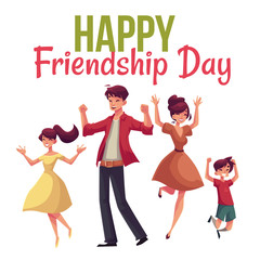 Happy friendship day greeting card design with family jumping from happiness, cartoon vector illustrations isolated on white background. Happy family of father, mother, sister and son jumping