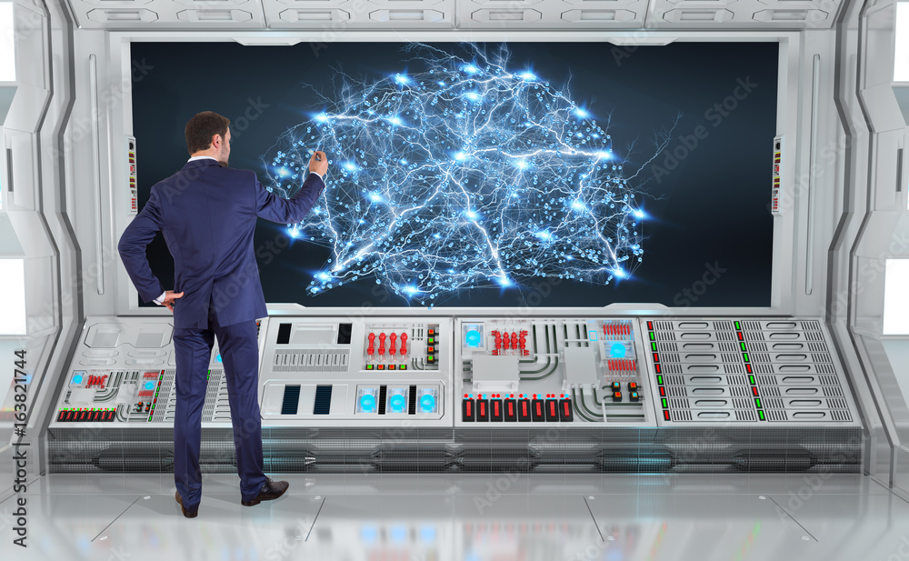 Aufkleber Businessman using digital brain interface on a board 3D rendering