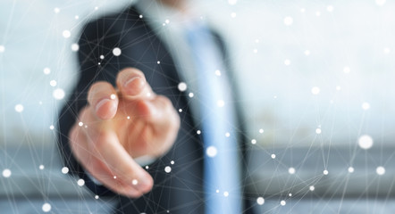 Businessman touching floating dot network 3D rendering