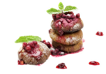 Oatmeal cookies with cranberry syrup and mint on white background