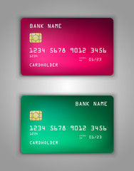 Vector set Realistic credit bank card mockup. Pink, red, green, pine, viridan, aquamarine, amerald.