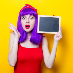 girl with purple color hair and blackboard