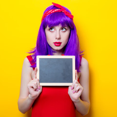 girl with purple color hair and blackboard