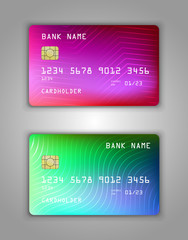 Vector set Realistic credit bank card mockup. Multicolor, rainbow, overflow pink, lilac, blue, green, red, rainbow, gradient, mesh