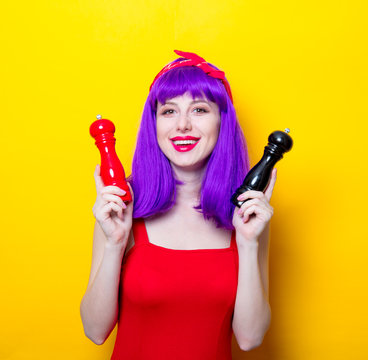 Girl With Purple Color Hair Holding Salt And Pepper