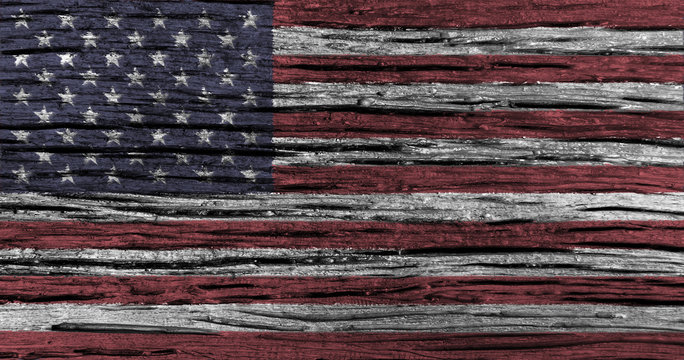 American flag with high detail of old wooden background .
