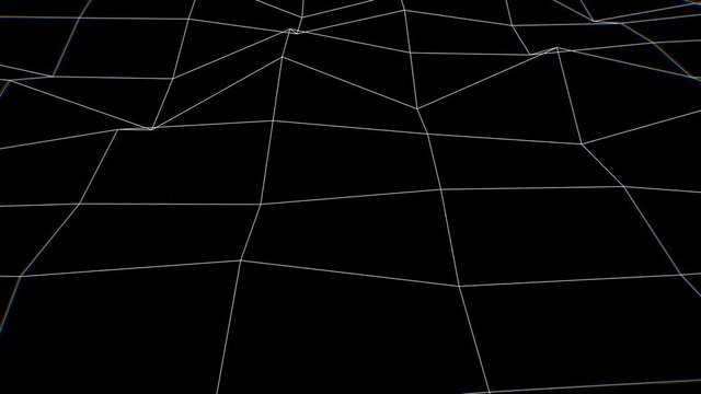 Topography Scan, Close - Low Poly. An airplane point-of-view (POV) fly over tracking and scanning an aerial wireframe model of mountainous terrain.