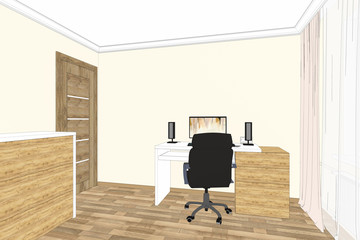 3D illustration. Home office interior and design. Home office sketch.