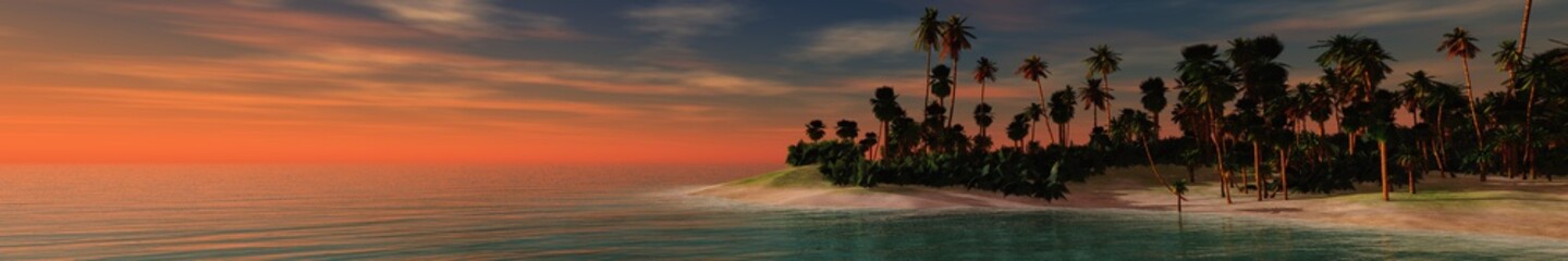 Fototapeta na wymiar Panorama of tropical beach at sunset, seascape with palm trees