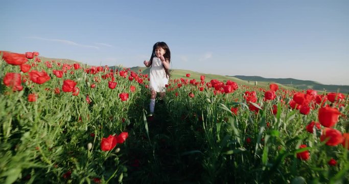 little Asian girl has fun running through a field of red poppies slow motion