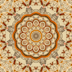 Antique old golden clock kaleidoscope pattern abstract background. Abstract surreal clock pattern kaleidoscope Golden watch pattern background texture. Abstract clock pattern Abstract clock face
