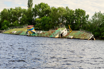 Sunken ship on the Dnieper River in Ukraine.