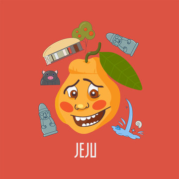 Jeju island hallabong, also known as dekopon character. Hallabong is a sweet variety of mandarin orange named after Hallasan the mountain in Jeju-do, South Korea. Jeju island symbols around it.