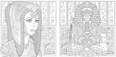 Coloring page collection of pharaoh and Cleopatra queen. Freehand sketch for adult antistress colouring book in zentangle style.