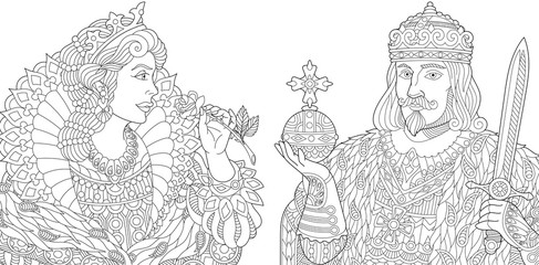 Coloring page collection of king and queen. Freehand sketch for adult antistress colouring book in zentangle style.
