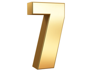 Golden numbers seven on a white background. 3d render.