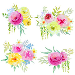 Watercolor bouquets of flowers