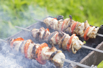 Skewers with shashlyk  tomatoes and onions smoked over charcoal in the grill