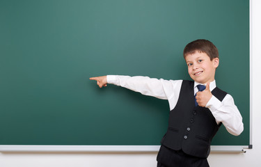 Pupil posing at school board, empty space, education concept