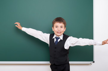 Pupil posing at school board, empty space, education concept