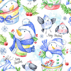 Watercolor seamless pattern with funny snowmens and little birds.