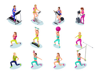 Fototapeta na wymiar Isometric fitness people set, girls running, weight lifting, with barbell, dumbell, on step platform, with fit ball, doing exercises, gymnastics, cardio training, athletics, workout with trainer